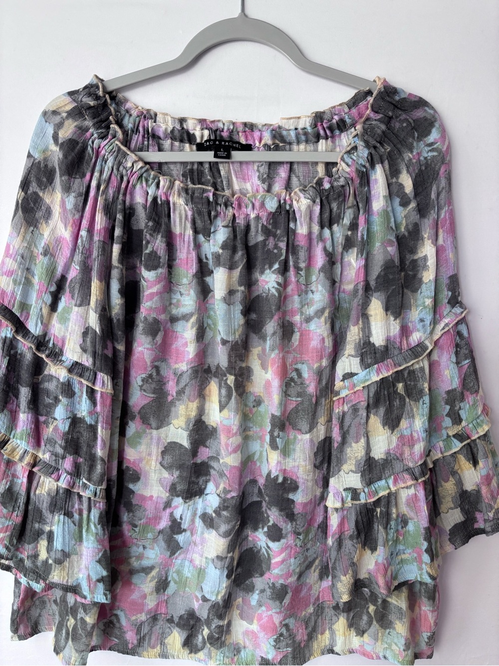Zac & Rachel Floral Ruffle Peasant Top in Gray, Pink, Blue